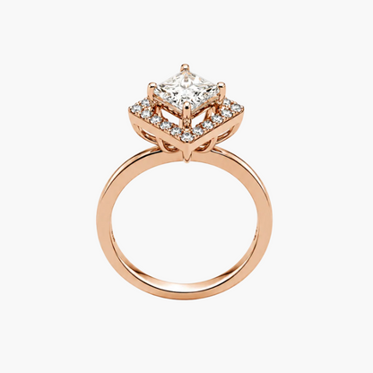 A rose gold engagement ring featuring a princess-cut diamond center stone surrounded by a halo of smaller diamonds, set on a polished band, shown against a plain white background.