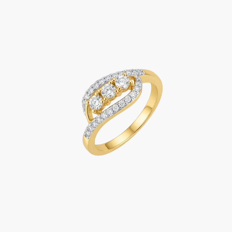 A yellow gold ring featuring a curved top set with three round-cut clear stones and pavé-set clear stones along the band, shown on a plain white background.