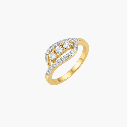 A yellow gold ring featuring a curved top set with three round-cut clear stones and pavé-set clear stones along the band, shown on a plain white background.