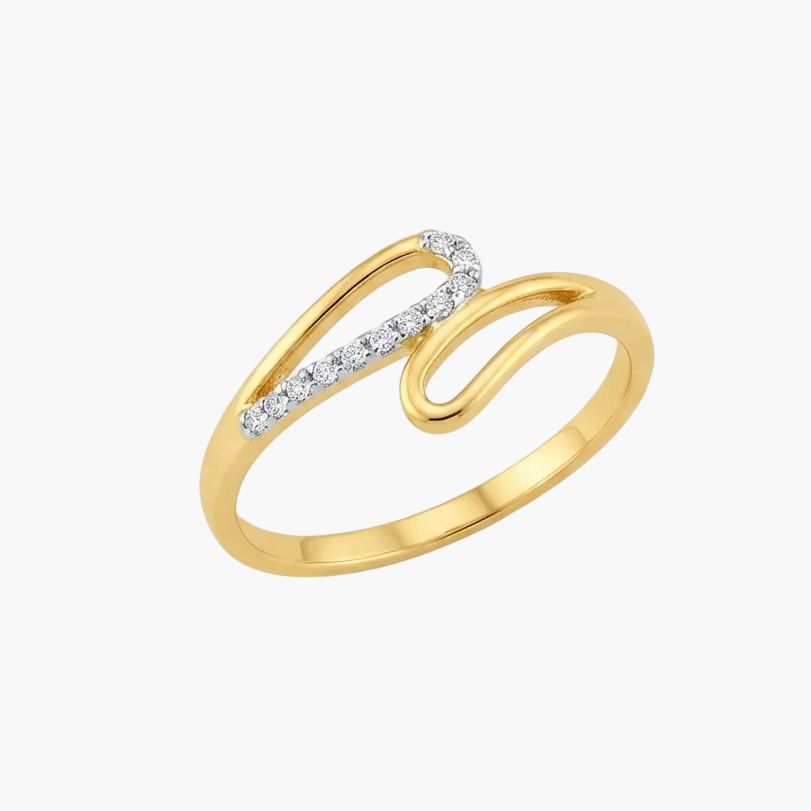 A yellow gold ring with a curved, openwork design featuring a pavé-set row of clear stones on one of the upper arms, shown on a clean white background.