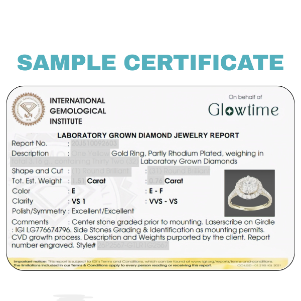 Sample certificate for laboratory grown diamond jewelry from Glowtime, featuring International Gemological Institute logos.