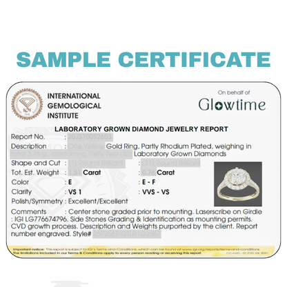 Sample certificate for laboratory grown diamond jewelry from Glowtime, featuring International Gemological Institute logos.
