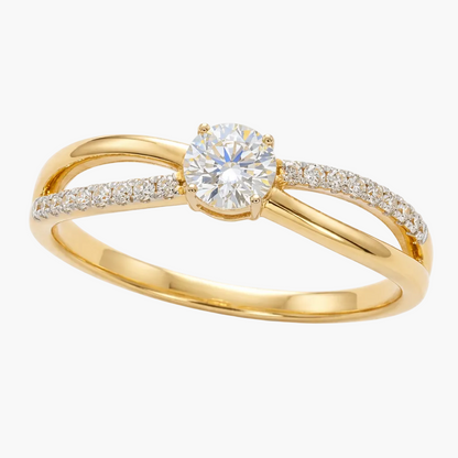 Gold ring with a diamond on a white background