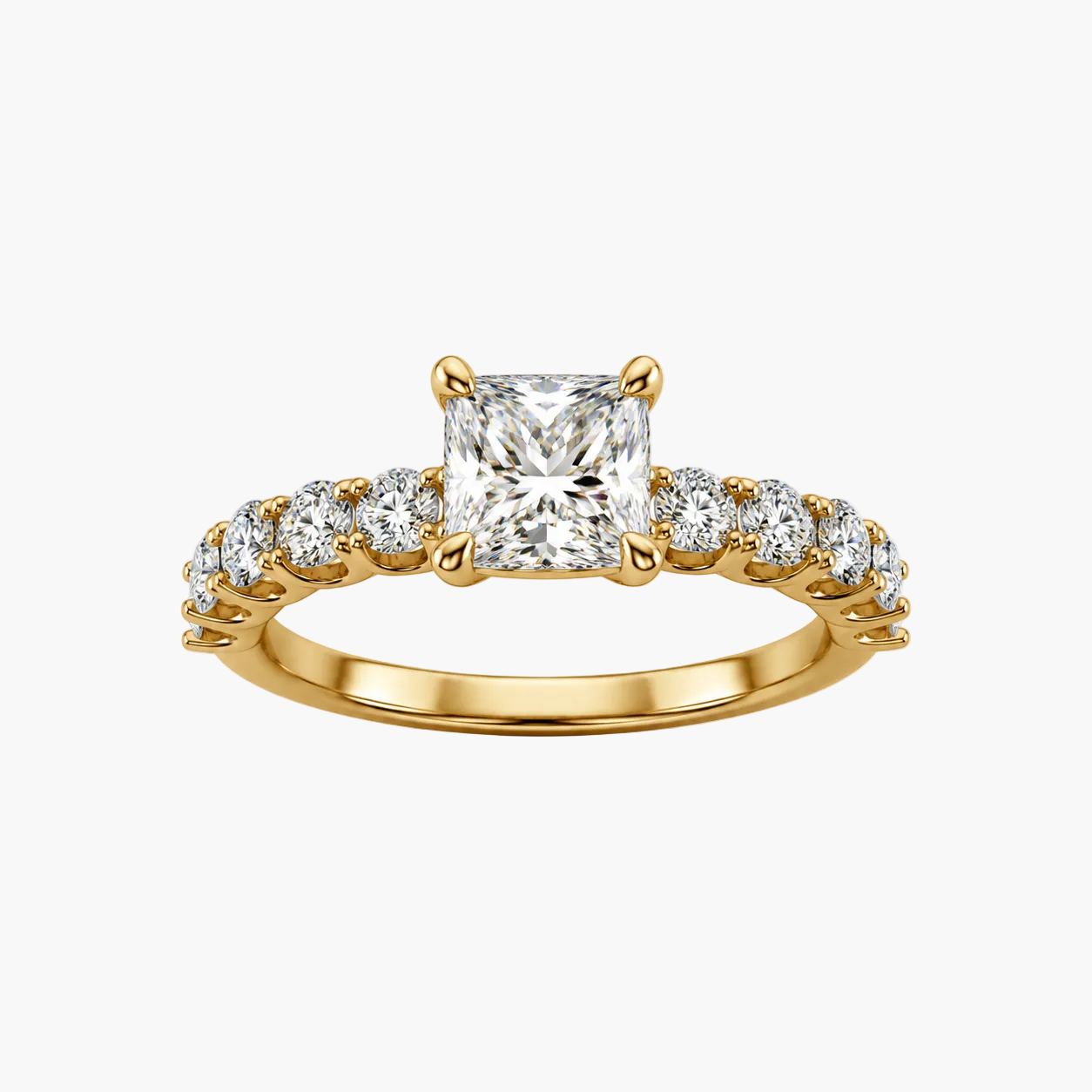 Gold ring with a central diamond and smaller diamonds on a white background