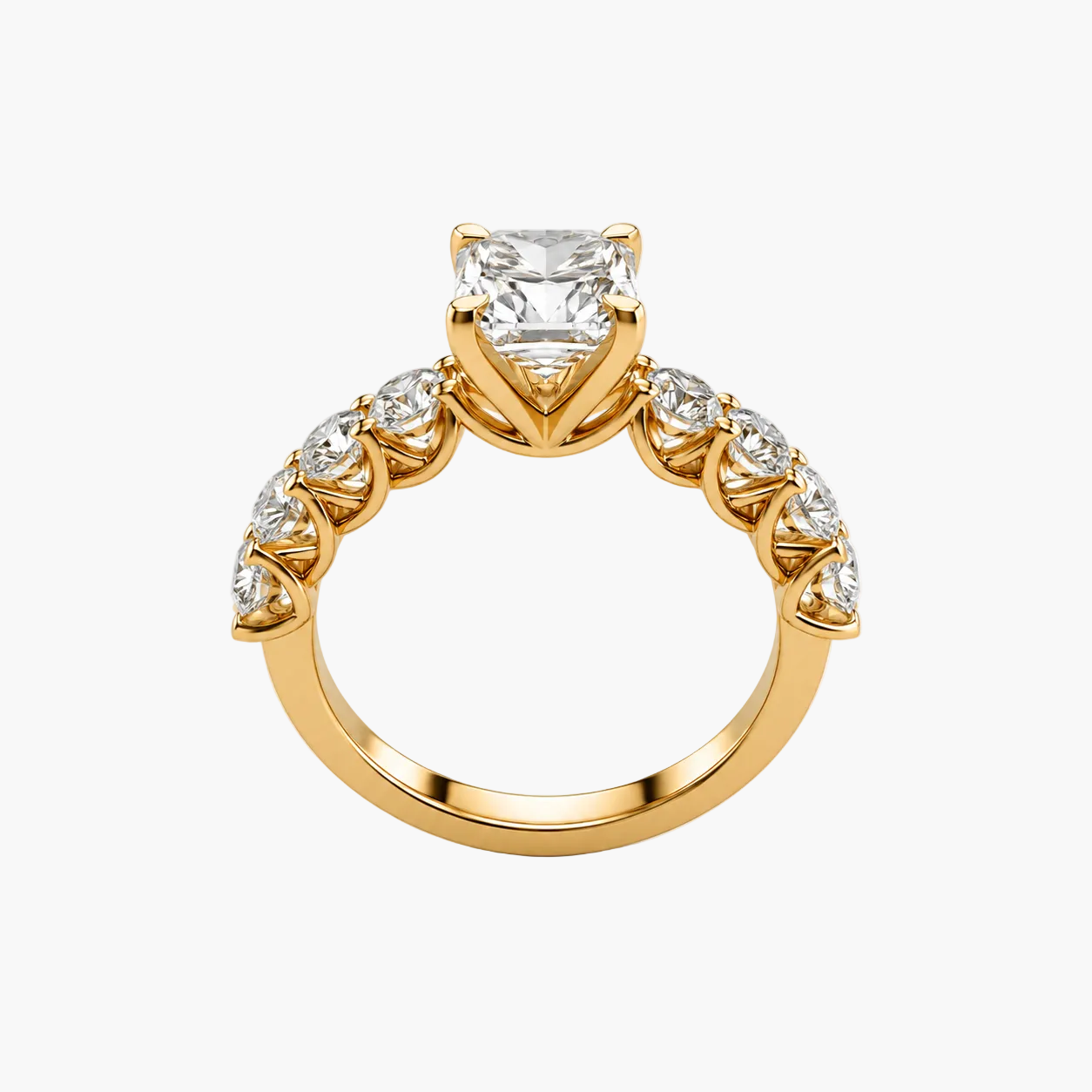 Gold ring with a central diamond and smaller diamonds on a white background