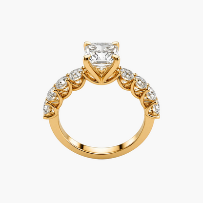Gold ring with a central diamond and smaller diamonds on a white background