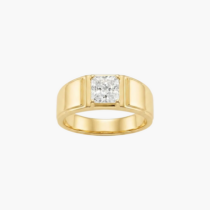 A yellow gold ring featuring a princess-cut diamond center stone in a four-prong setting, presented on a clean white background.