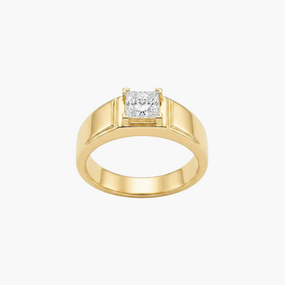 A yellow gold ring featuring a square princess-cut diamond solitaire setting, shown on a clean white background.