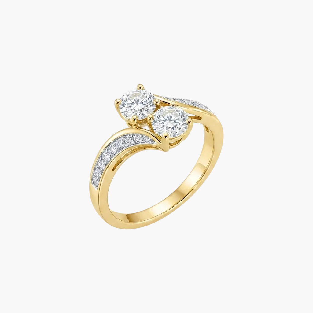 A yellow gold ring with a curved shank paved with small clear stones, featuring a three-stone cluster at the top. The clear gemstones do not contribute to the color mapping, so the product color is classified solely by the gold metal setting.