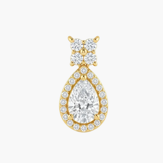 A yellow gold teardrop-shaped drop earring featuring a large pear-cut center stone surrounded by small round stones, with a four-stone cluster at the top, shown on a plain white background.