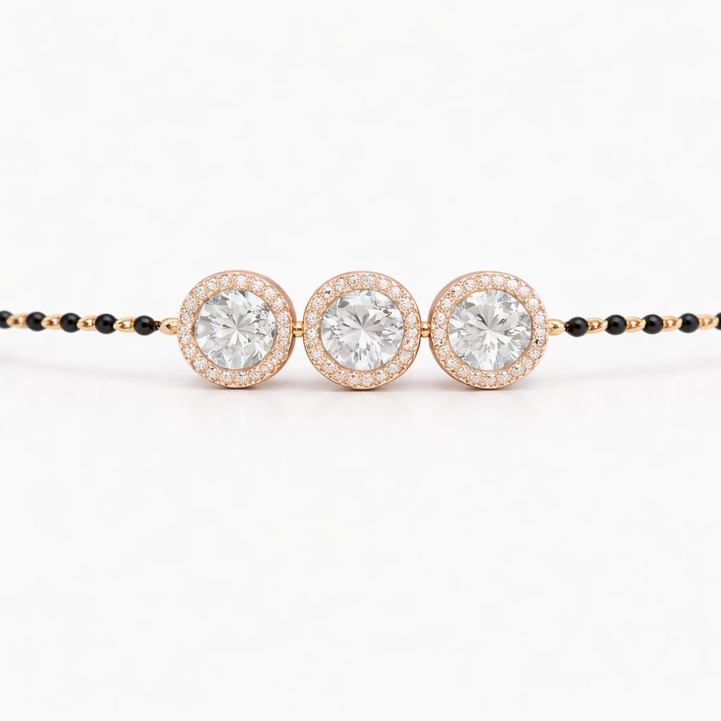 Triple Halo Black Bead Diamond Bracelet Mangalsutra