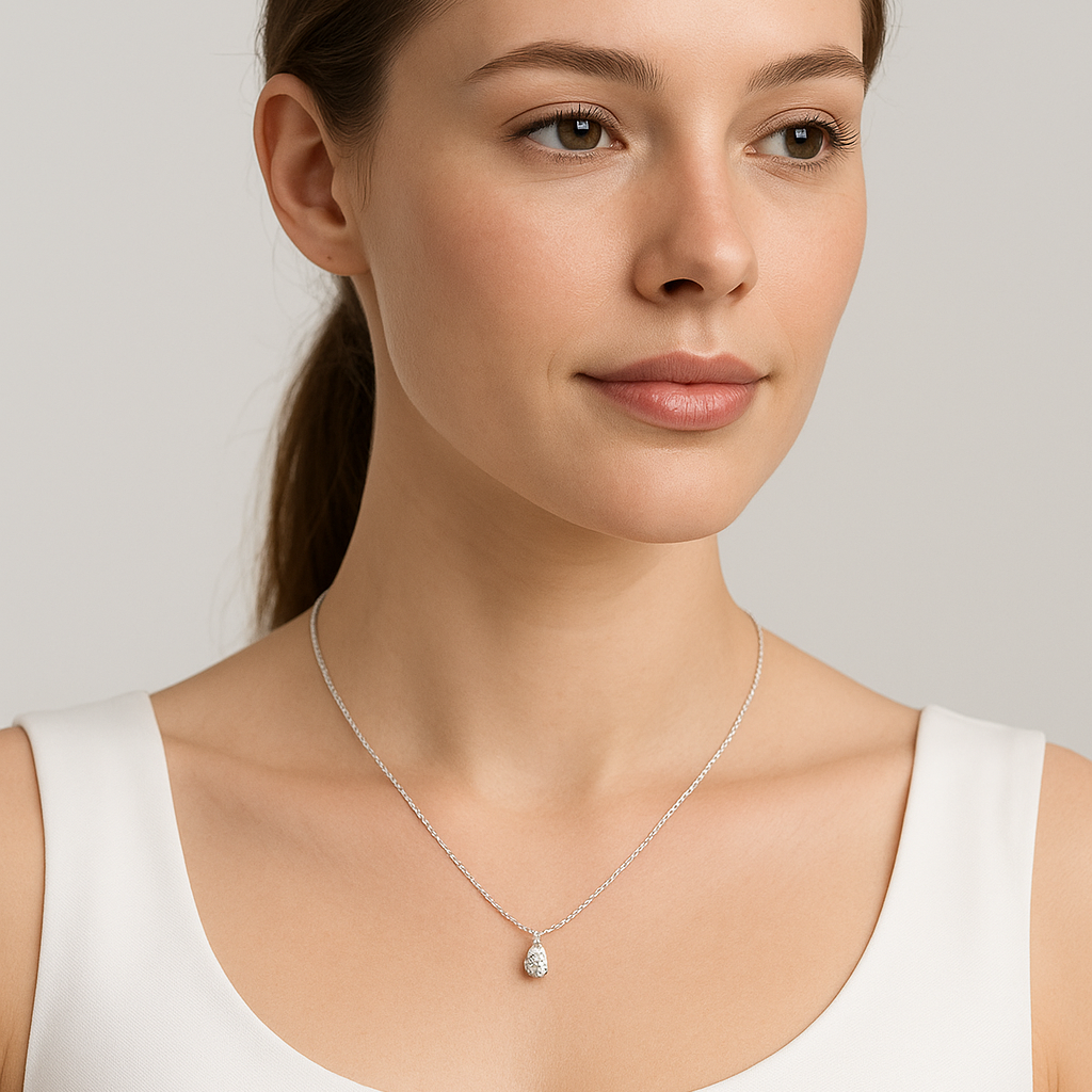 Woman wearing a necklace with a white background