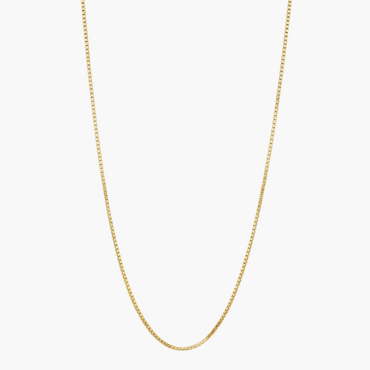 A delicate gold chain necklace with a small lobster clasp, displayed in a U-shape against a clean white background.