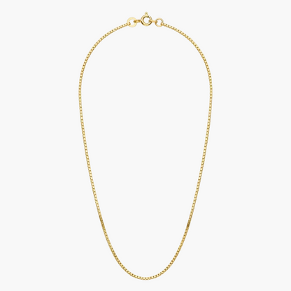 A delicate yellow gold chain necklace with a small clasp, displayed in a curved loop shape against a clean white background with a soft shadow underneath.
