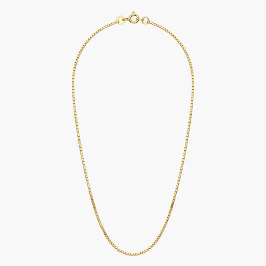 A delicate yellow gold chain necklace with a small clasp, displayed in a curved loop shape against a clean white background with a soft shadow underneath.