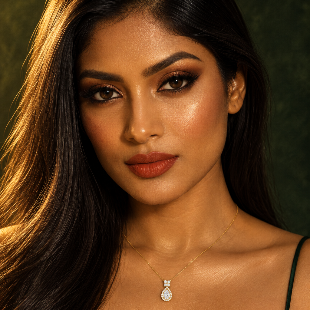 Beautiful elegant female model with warm deep golden Indian skin and sleek straight blowout swept over one shoulder wearing a very small delicate yellow gold pear diamond halo pendant necklace — a fine delicate yellow gold chain meeting a square cluster of four round brilliant diamonds in a two-by-two formation at the top with a large pear-cut diamond solitaire in a four-prong yellow gold claw setting surrounded by a complete single halo of round brilliant diamonds following the full teardrop outline the pe