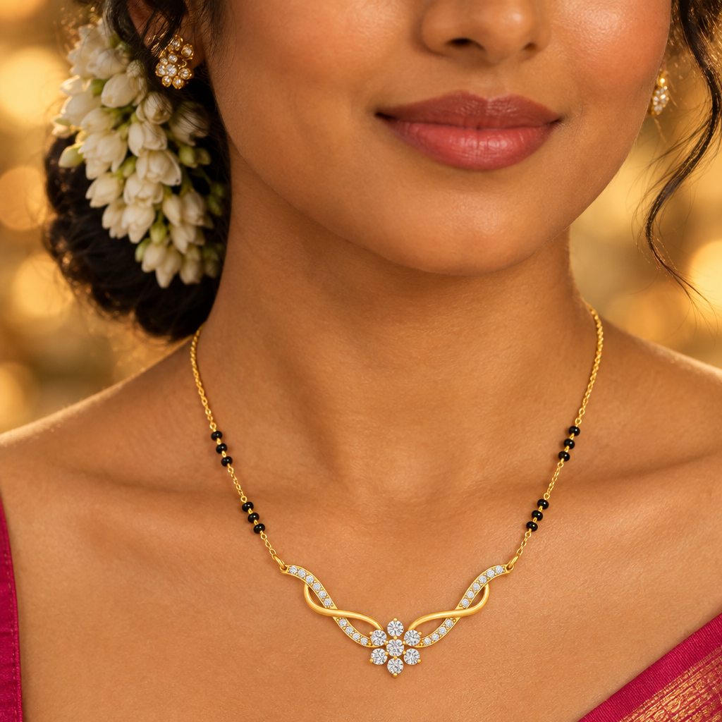 Beautiful elegant Indian female model with rich deep warm skin and hair adorned with fresh white jasmine gajra flowers woven into a low side bun wearing a vibrant magenta silk saree draped over one shoulder with a gold border and a very small yellow gold diamond mangalsutra with traditional black onyx bead chain clusters leading to a modern V-shaped centerpiece pendant with two sweeping sinuous pavé diamond-set curved yellow gold arms flowing outward like wings meeting at a six-stone round brilliant diamond