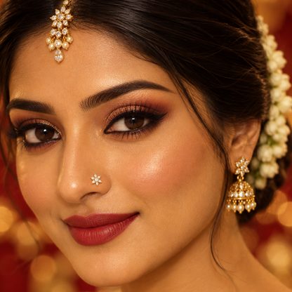 Beautiful elegant Indian female model with warm golden skin and classically beautiful Indian features wearing a very small yellow gold diamond flower nosepin on her left nostril — the nosepin a tiny delicate stud with a round brilliant diamond at the center surrounded by six marquise or pear-shaped diamonds radiating outward like petals in a six-petal floral starburst motif in yellow gold; the tiny diamond flower nosepin clearly visible on the left nostril; hair in a sleek traditional Indian bridal bun ador