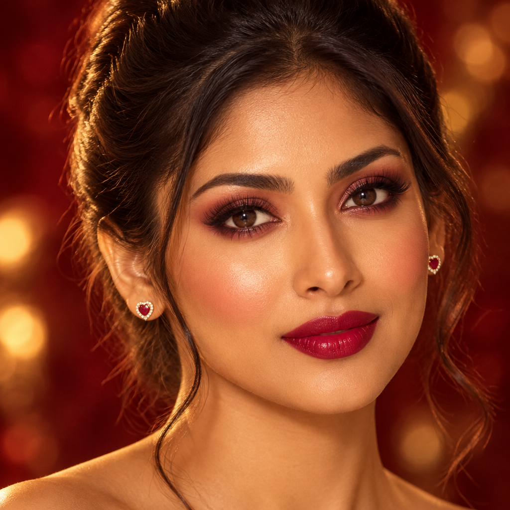 Beautiful elegant Indian female model with warm golden skin and hair swept up in a sleek high ponytail or loose updo with face-framing tendrils fully exposing both ears wearing a pair of very small yellow gold heart-shaped ruby and diamond halo stud earrings — each earring a vivid deep red heart-shaped ruby in a four-prong yellow gold claw setting surrounded by a complete heart-shaped halo of round brilliant diamonds in pavé following the heart outline; wearing a deep rich red scarlet silk off-shoulder gown