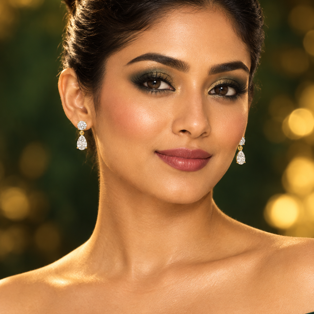 Beautiful elegant Indian female model with warm golden skin and sleek high bun or French twist fully exposing both ears wearing a pair of very small yellow gold two-stone diamond drop earrings — each earring a round brilliant diamond stud on top in a four-prong ball-tip yellow gold setting connected via a small yellow gold ball link to a larger pear-shaped diamond hanging below in a four-prong yellow gold claw setting the point of the pear facing downward; both drop earrings clearly and symmetrically visibl