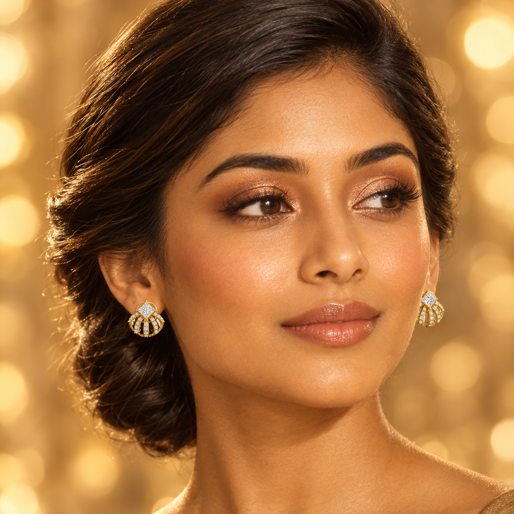 Beautiful elegant Indian female model with warm golden skin and sleek side-swept updo with a low twisted bun wearing a pair of very small yellow gold architectural diamond cage stud earrings — each earring with a princess-cut diamond set on a 45-degree tilt at the top center above a dramatic open crown cage-shaped yellow gold base with multiple curved yellow gold ribs bars fanning downward and outward like a scallop shell crown skirt each bar densely set with round brilliant diamonds in pavé creating a mult