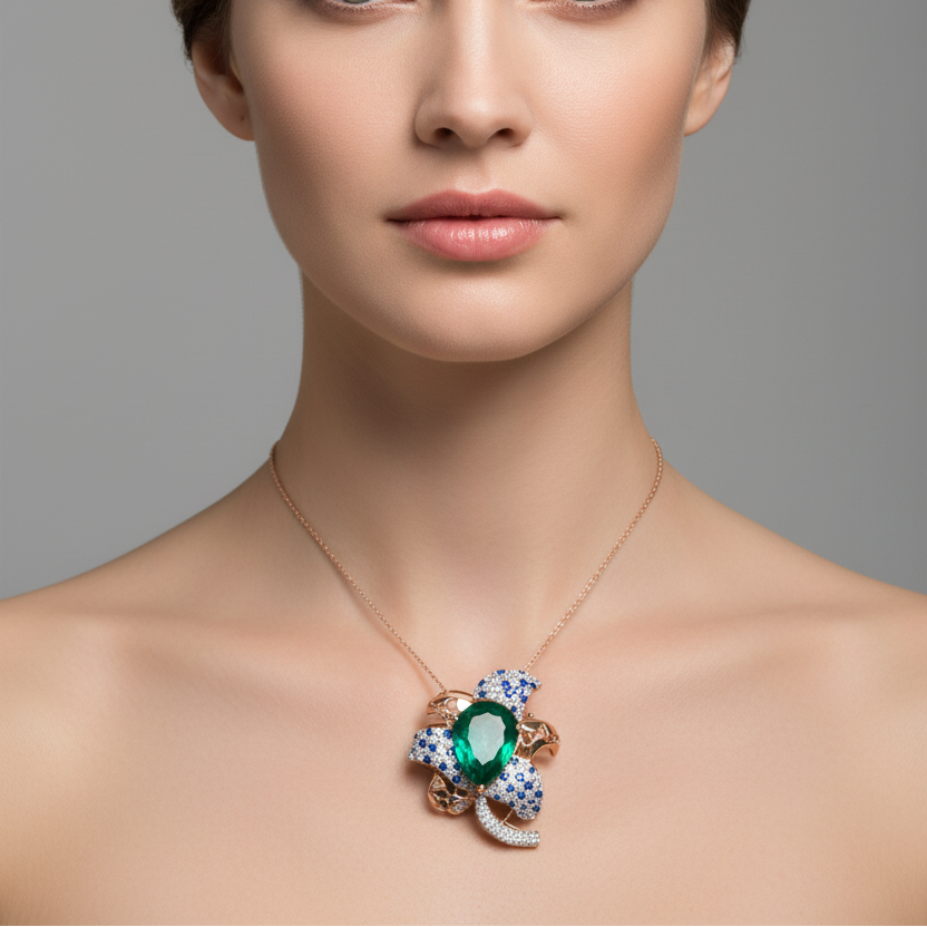 Female model wearing a small rose gold sculptural pinwheel flower pendant necklace with a large vivid green pear-cut emerald center stone surrounded by four to five curved fan-shaped petals in rose gold open lattice honeycomb structure densely pavé-set with alternating round brilliant white diamonds and round blue sapphires hanging from a slim rose gold chain at the collarbone