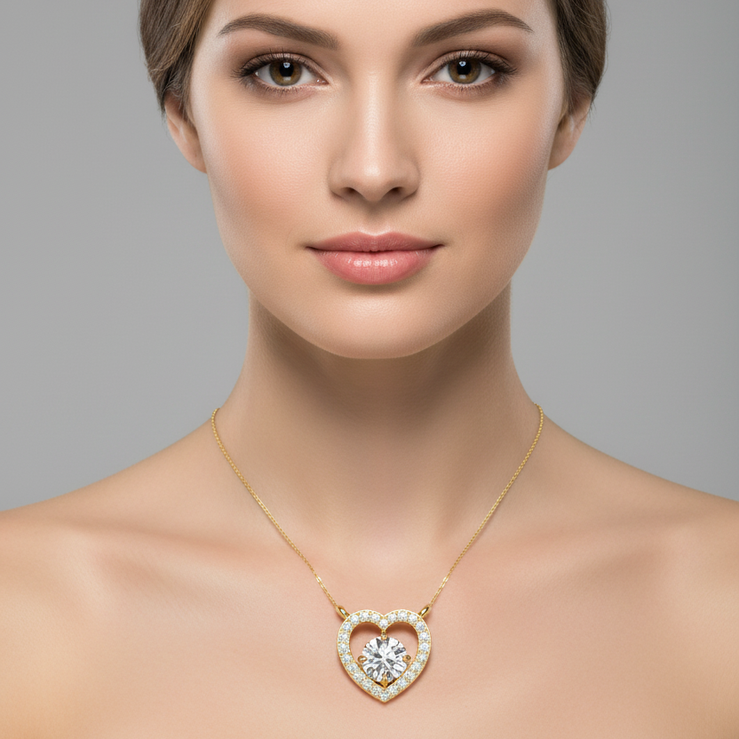 Female model wearing a small yellow gold open heart diamond pendant necklace with a continuous row of round brilliant channel-set diamonds running all the way around the complete heart outline frame and a large round brilliant diamond floating freely at the center of the open heart held by four ball-tipped prongs suspended from the top on a slim yellow gold chain at the collarbone