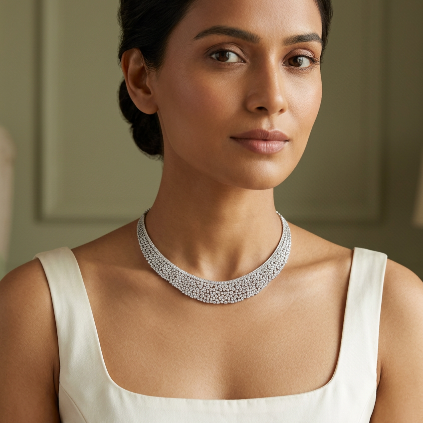 Female model wearing a very petite version of your diamond necklace