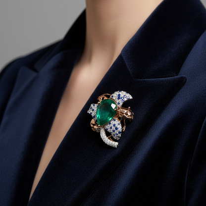 Female model wearing a very small rose gold sculptural pinwheel flower brooch pinned to a luxurious dark fabric lapel with a large vivid green pear-cut emerald at the center surrounded by four to five curved fan-shaped petals in rose gold open honeycomb lattice structure densely pavé-set with alternating round brilliant white diamonds and round blue sapphires in a stunning blue and white sparkling mosaic the petals twisting three-dimensionally like windmill blades