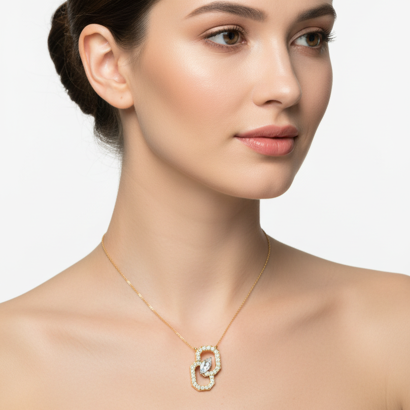 Female model wearing Art Deco diamond pendant