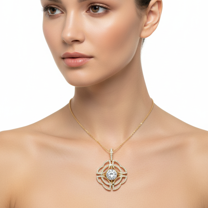 Female model wearing Art Deco diamond pendant
