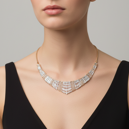 Female model wearing baguette diamond fringe necklace