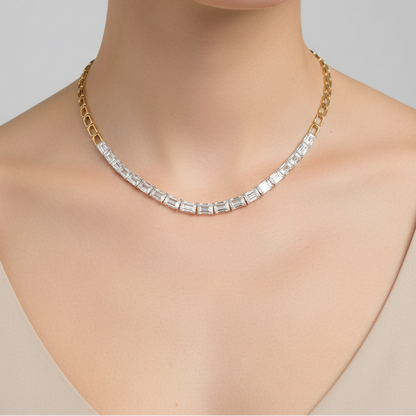 Female model wearing baguette diamond necklace