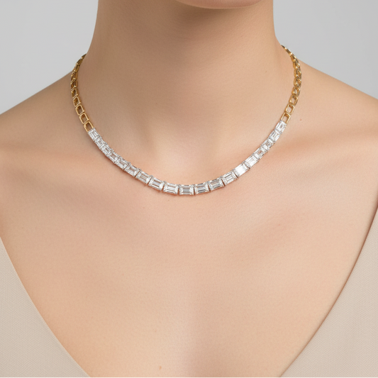 Female model wearing baguette diamond necklace