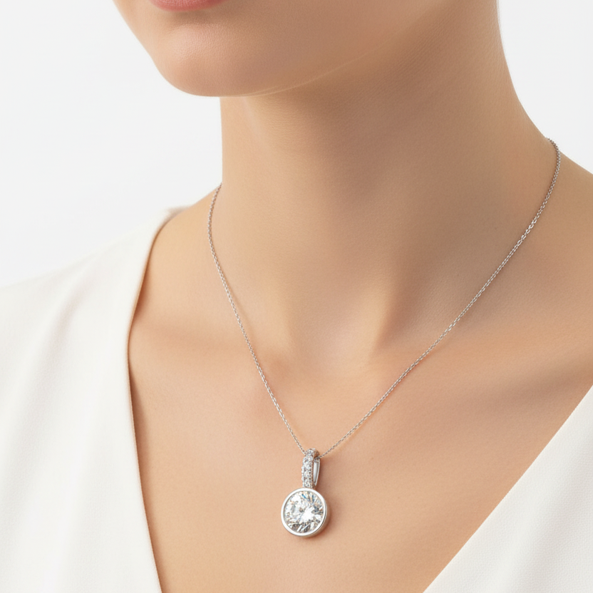 Female model wearing bezel-set diamond pendant