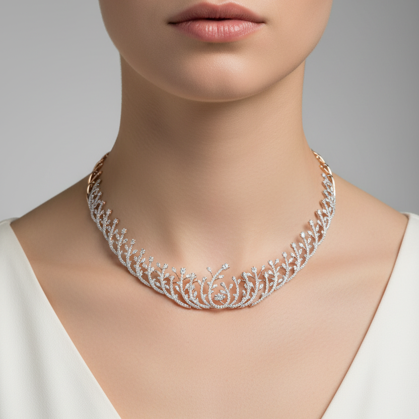 Female model wearing botanical diamond necklace