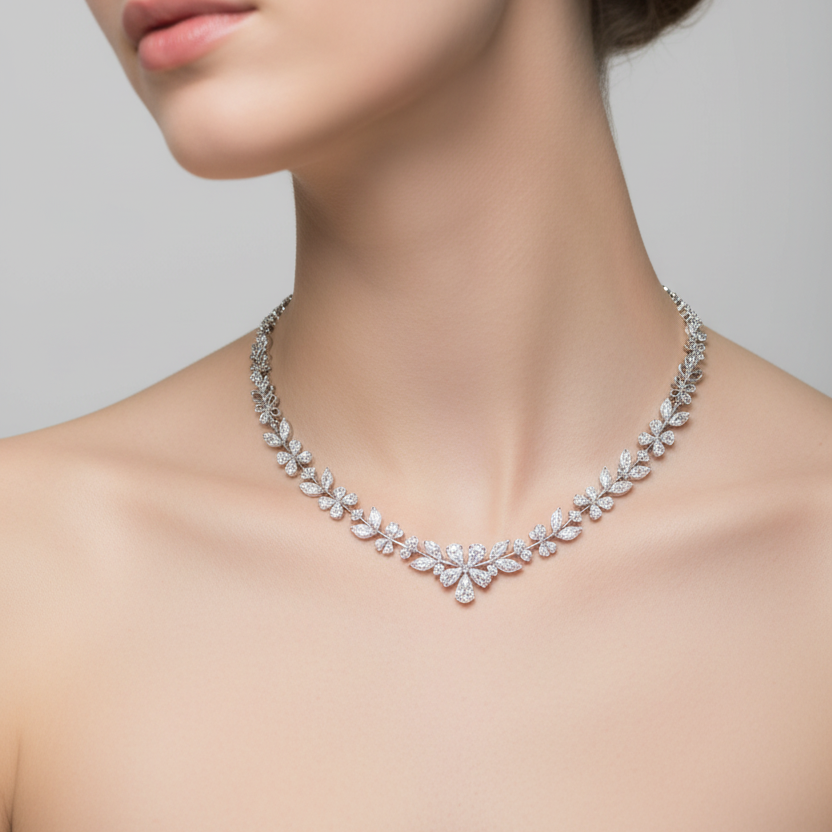 Female model wearing botanical diamond necklace