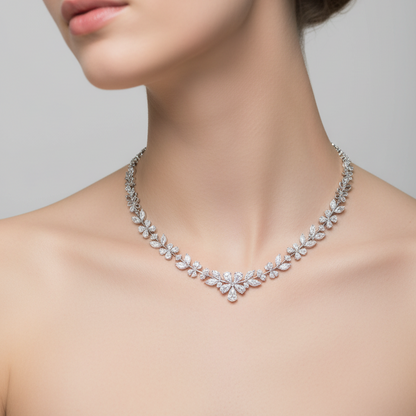 Female model wearing botanical diamond necklace