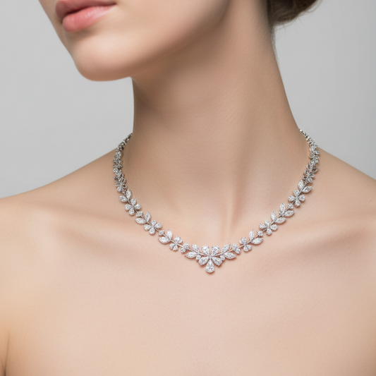 Female model wearing botanical diamond necklace