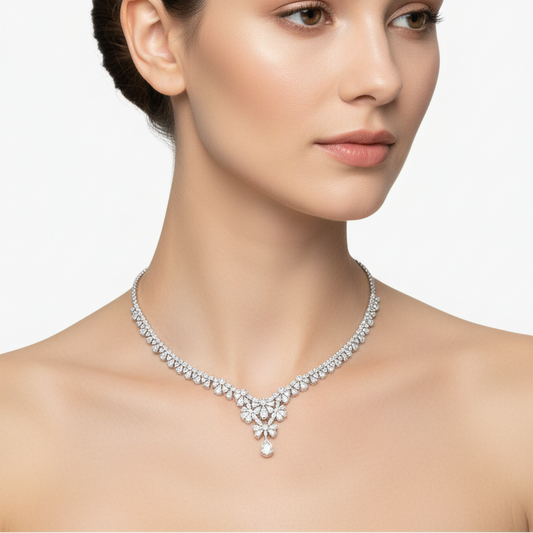 Female model wearing botanical diamond necklace