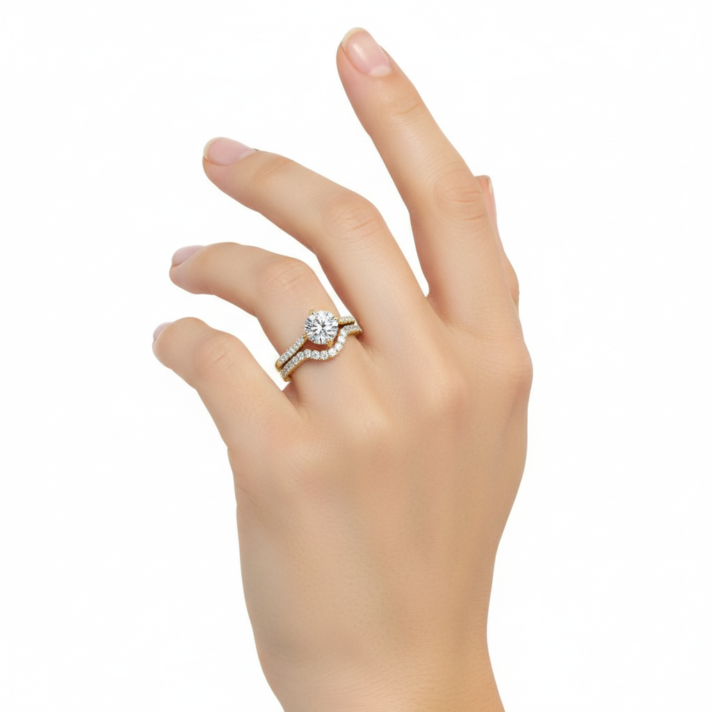 Female Model Wearing Bridal Ring Set Small Size