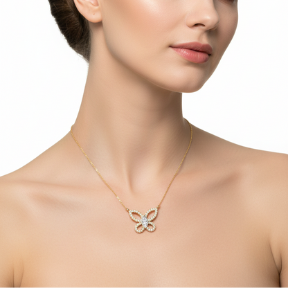 Female model wearing butterfly diamond pendant
