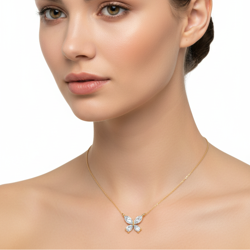 Female model wearing butterfly diamond pendant