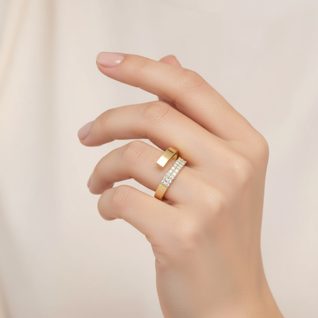 Female model wearing bypass diamond band ring