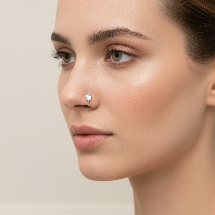 Female model wearing classic diamond nose pin
