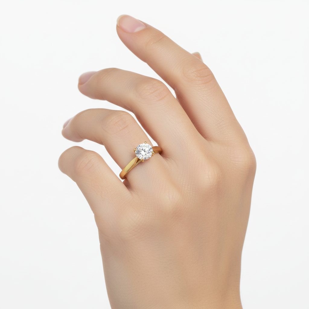 Female Model Wearing Classic Diamond Solitaire Ring Small Size