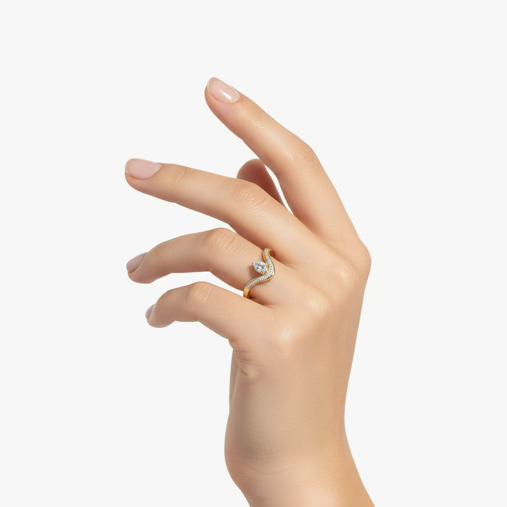 Female Model Wearing Curved Chevron Diamond Wedding Band Small Size