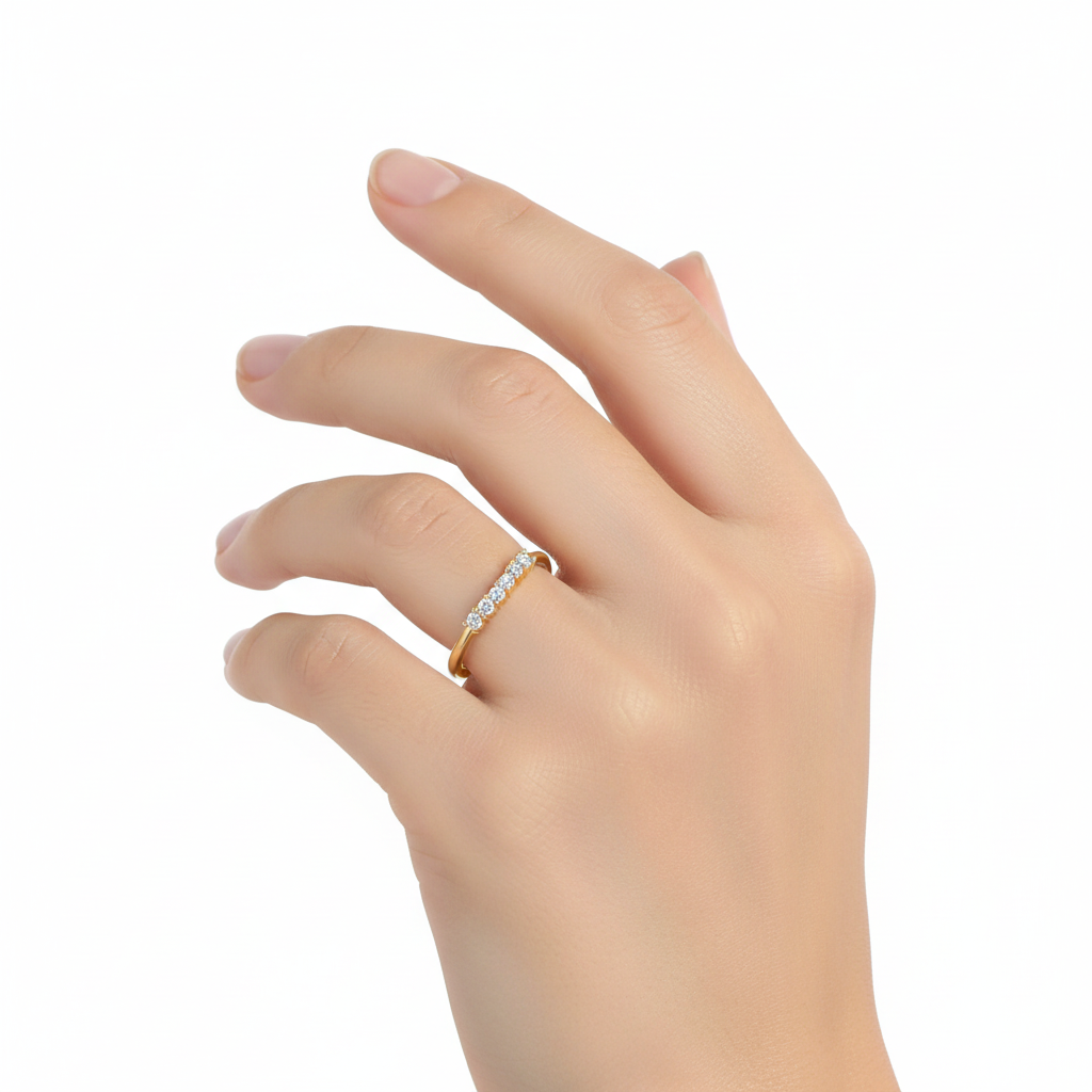Female Model Wearing Curved Diamond Band Ring Small Size