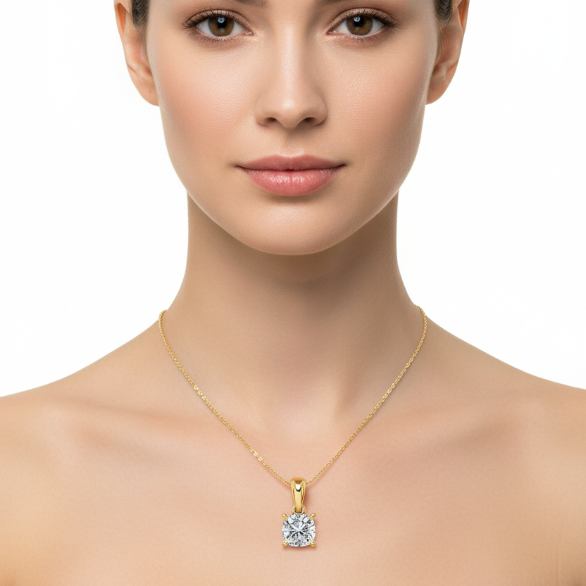 Female model wearing cushion-cut diamond pendant