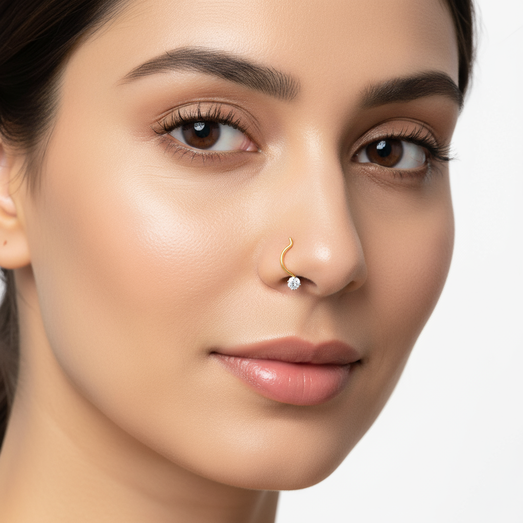 Female model wearing delicate diamond nose pin